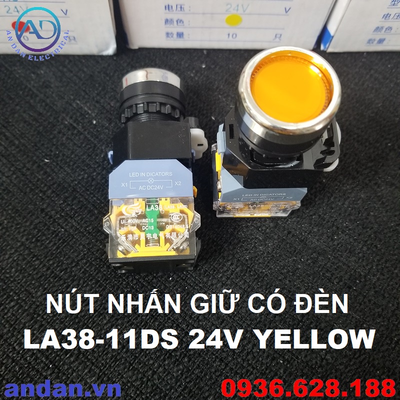 Nút nhấn, nút ấn, nút đề có đèn AC/DC 24V phi 22mm LA38-11D - Nhấn nhả, LA38-11DS - Nhấn giữ