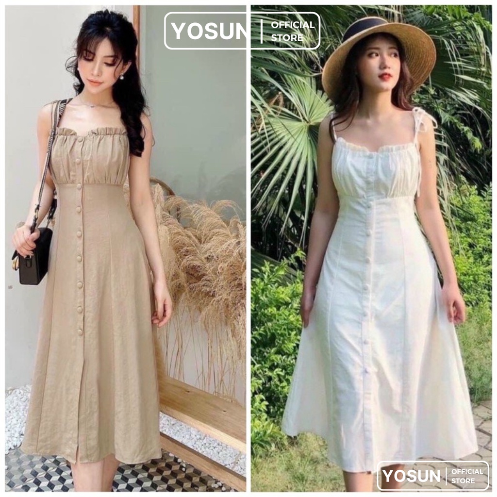 Đầm Nữ Dự Tiệc Hai Dây Nhúng Ngực Sang Chảnh, Váy Thiết Kế Nút Bọc Dáng Xòe Xinh Xắn 2 Màu Trắng Kem