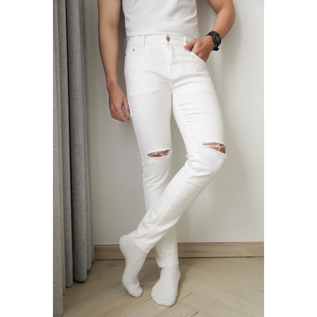 A/G Quần Jean Nam Cao Cấp Trắng Rách Gối ZIPPER Phom Skinny Phong Cách Năng Động Trẻ Trung | BigBuy360 - bigbuy360.vn
