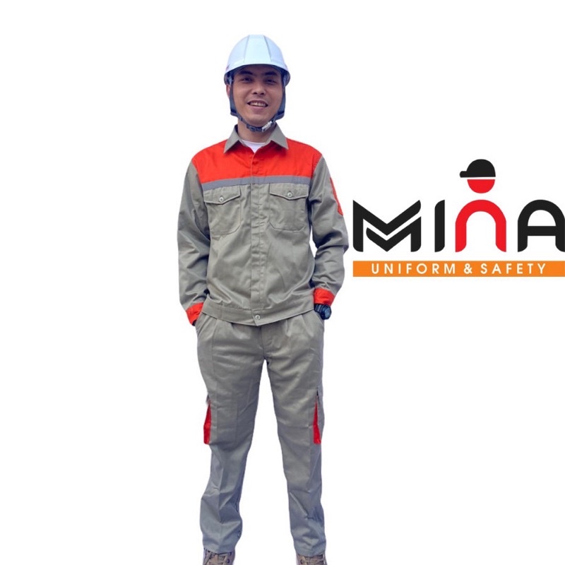 Quần áo bảo hộ lao động panzim Hàn Quốc ghi nâu phối cam có phản quang- Mina Safety