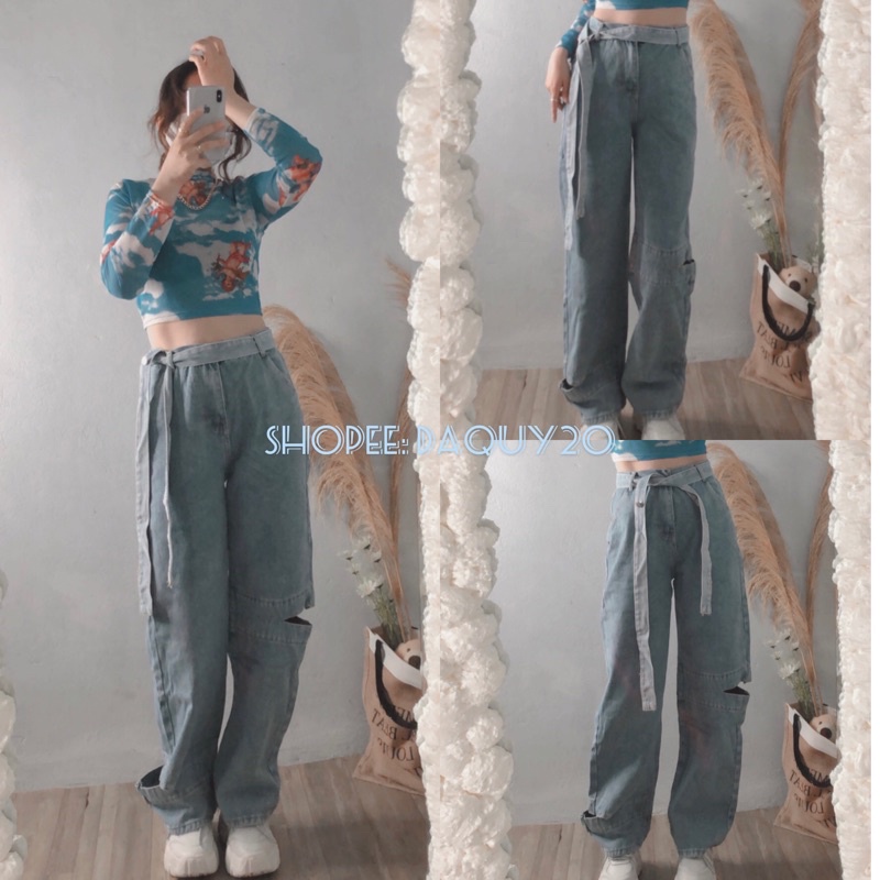 Quần bò kèm đai rách sườn chân xuông⚡️FREESHIP EXTRA⚡️quần JEANS rách sườn chân kèm dây cool ngầu, cá tính