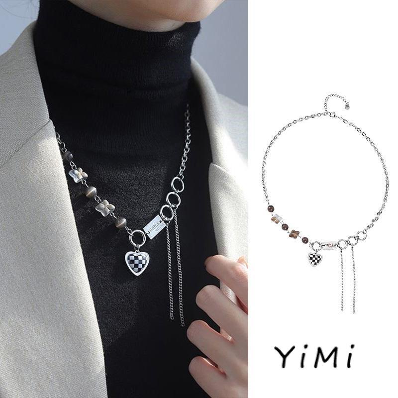 Vòng cổ mặt hình hình trái tim họa tiết caro phong cách Hàn Quốc thời trang cho cặp đôi