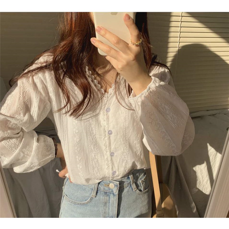 Áo Cotton DàI Tay Cổ Chữ V PhốI Ren Hoa ThờI Trang Cho Nữ