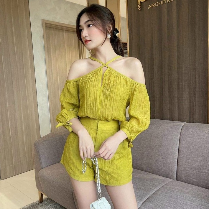 Set đùi áo dây cổ yếm chéo dây kèm quần short dễ thương phong cách sexy sang chảnh tiểu thư đi chơi dự tiệc dạo phố