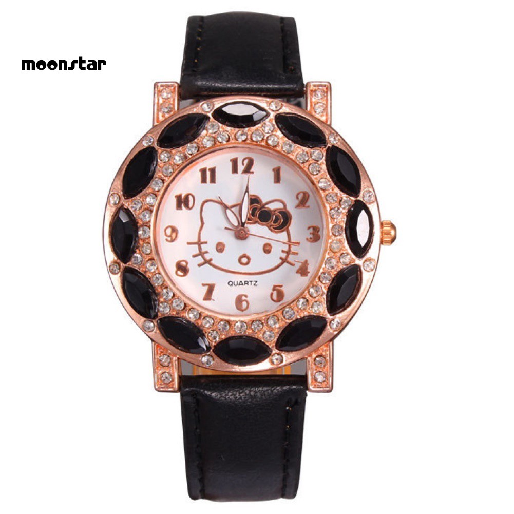 Đồng hồ dây giả da đính đá hình Hello Kitty cho bé gái