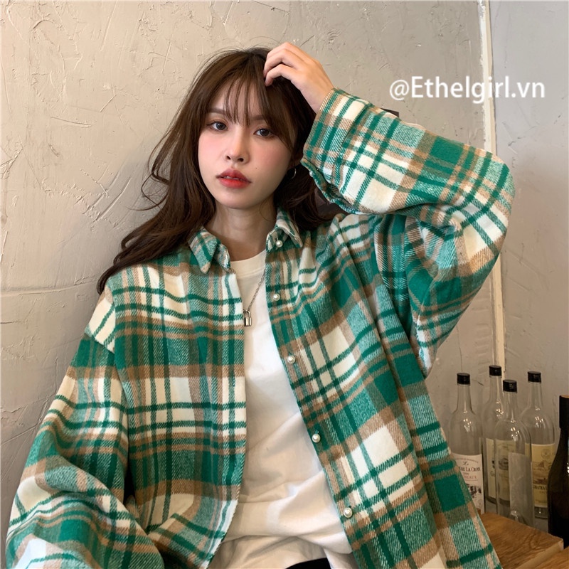 Áo sơ mi tay dài dáng rộng họa tiết caro phong cách Hàn Quốc thời trang cho nữ