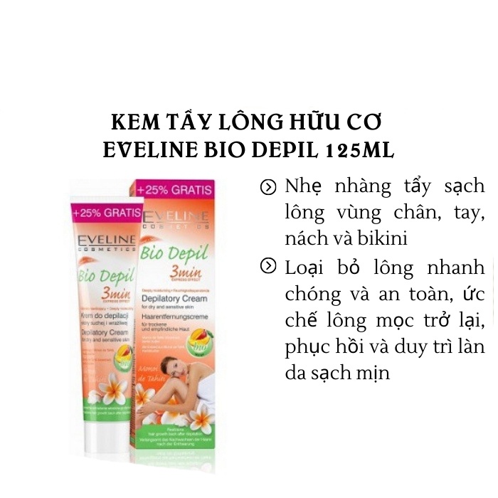 Kem tẩy lông hữu cơ 3 vùng (tay, chân, nách, bikini) Eveline Bio Depil 125ml