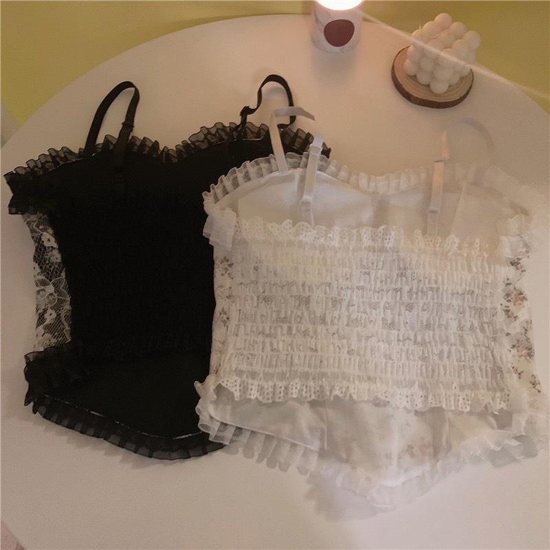 Áo 2 dây nữ phối ren kèm bra dáng ngắn crt 2 màu cá tính/ Áo croptop bánh bèo họa tiết hoa nhí vintage_xuongmaythuhien