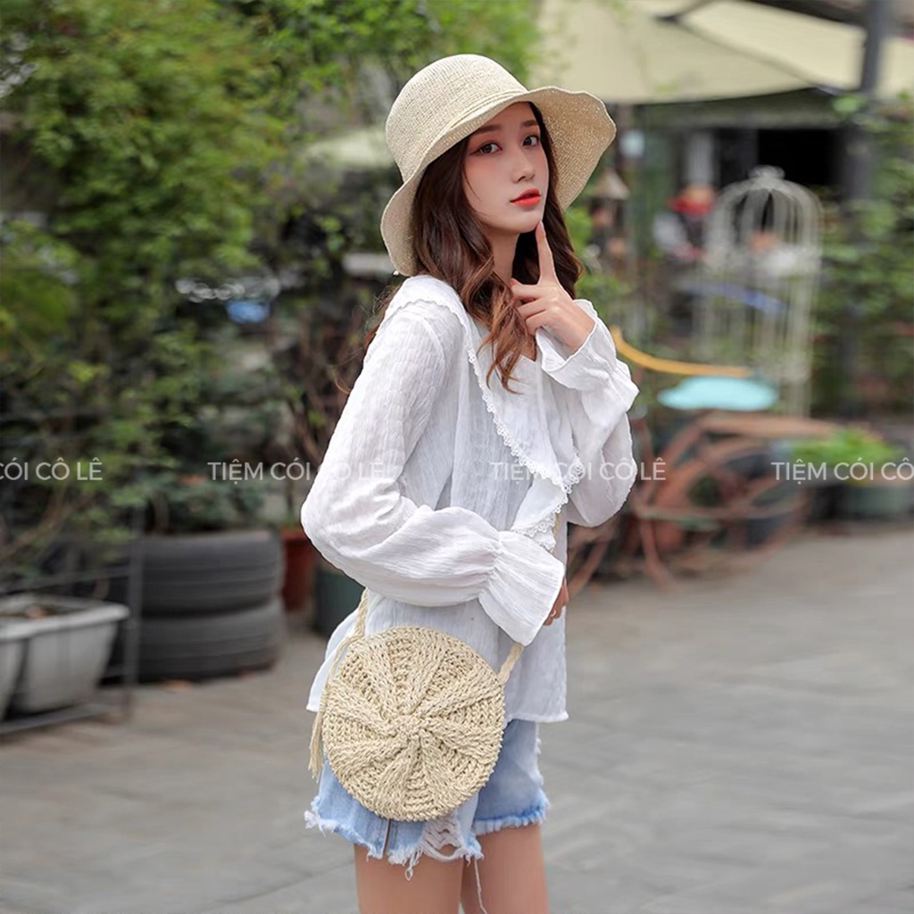 Túi cói dáng tròn đi biển đeo vai size 20cm - Tiệm Cói Cô Lê