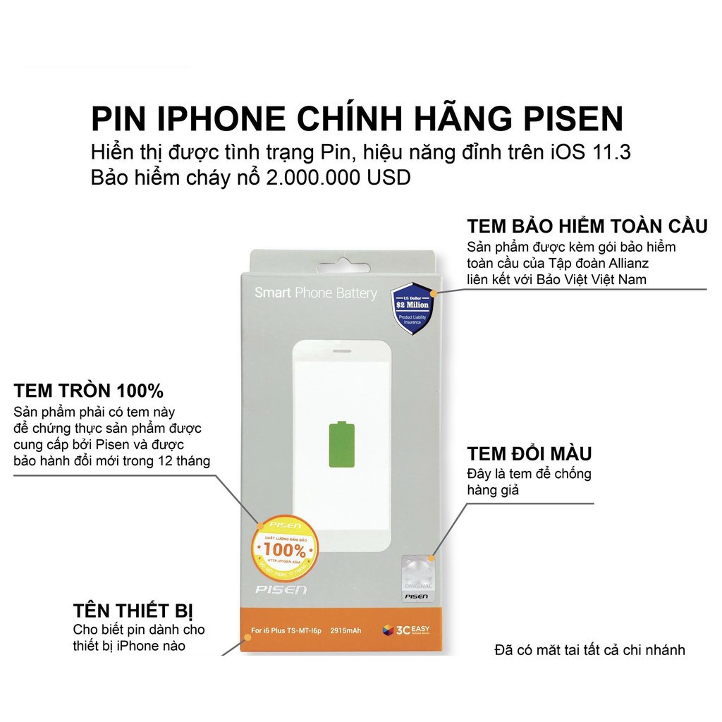 Pin iPhone 8 Plus Chất lượng cao [ Chính hãng Pisen] BH12T