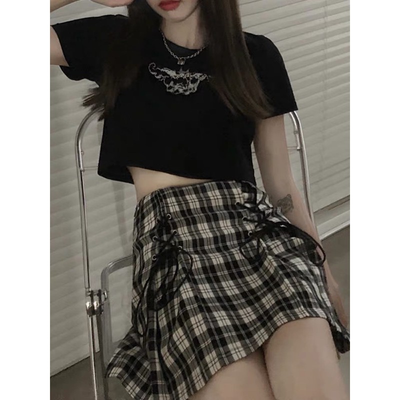 (Video) Set áo crop top đen + chân váy kẻ caro thắt nơ ulzzang Hàn Quốc [Yannie]