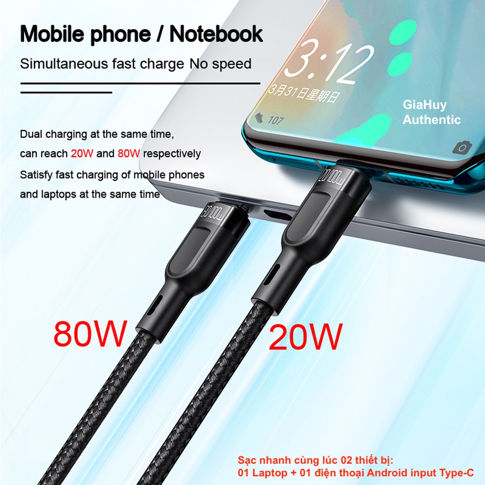 Cáp sạc 2in1 MCDODO CA-747 USB-C to C+C 100W PD/PPS/ QC 4.0 dài 1.2m, sạc nhanh 2 thiết bị cùng lúc