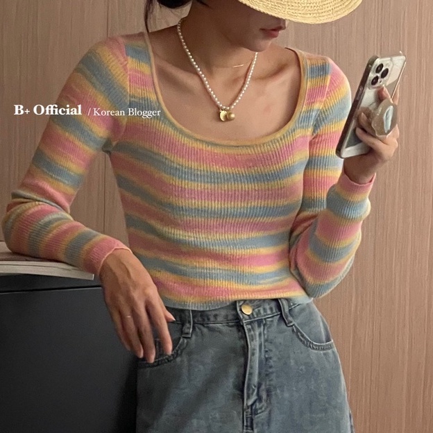 【ZHELIHANGFEI】Áo Sweater Tay Dài Cổ Vuông Dáng Ôm Kẻ Sọc Cầu Vồng Xinh Xắn Thời Trang