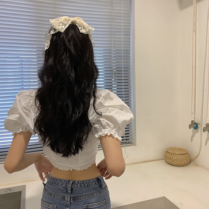 Cocory vn Áo croptop trễ vai tay ngắn phối ren hoa phong cách mùa hè thịnh hành cho nữ