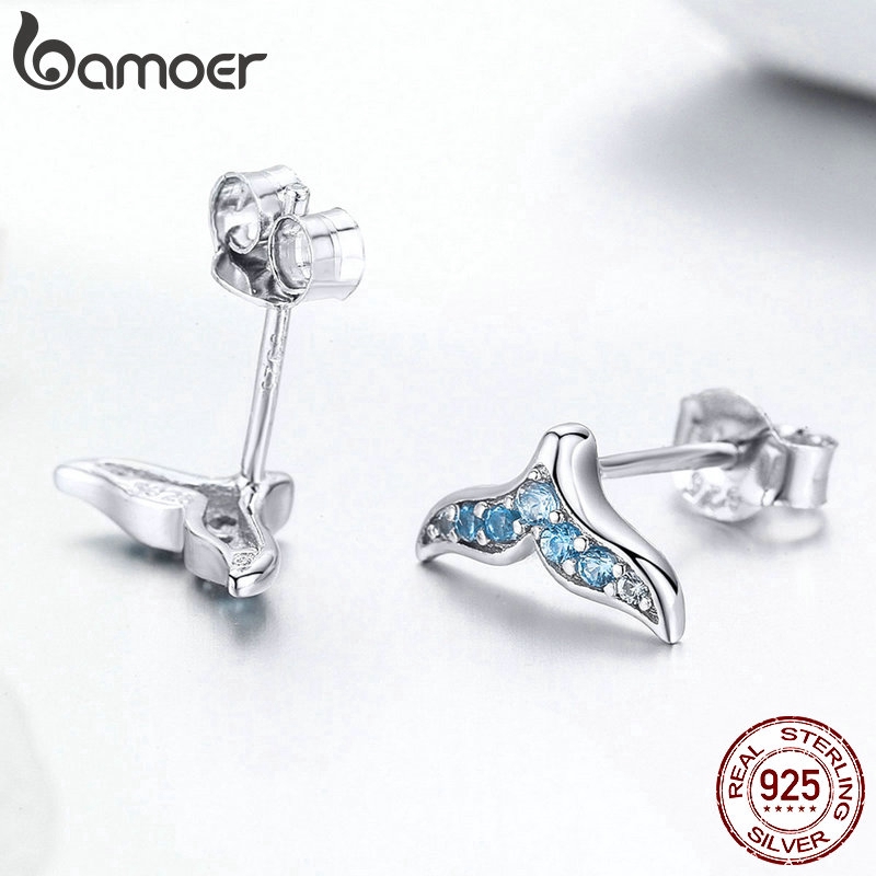 Khuyên tai Bamoer hình đuôi cá bằng bạc 925 thật cao cấp