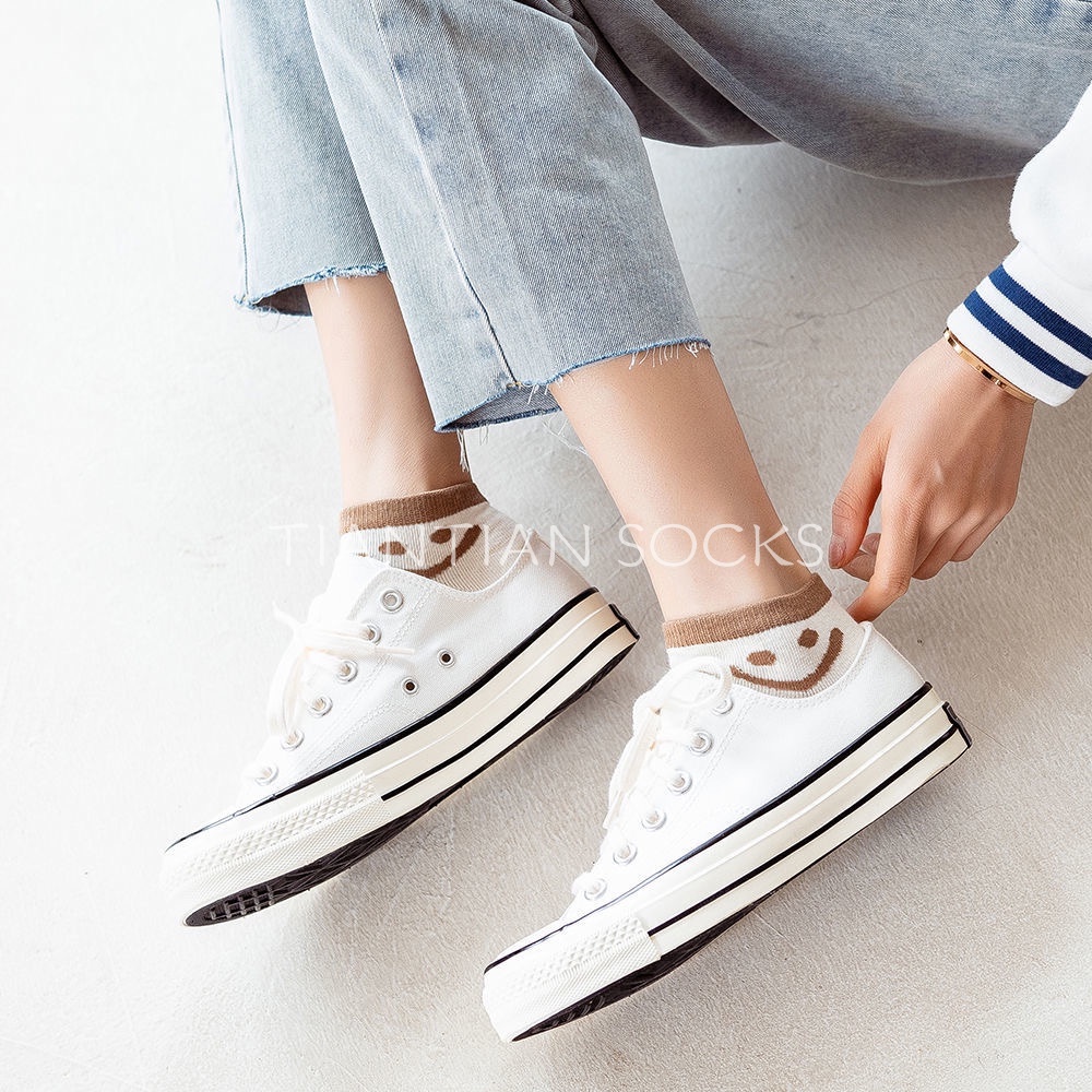 Tất  nữ cổ ngắn Vớ cổ thấp cotton in hình mặt cười dễ thương phong cách Nhật Bản cho nữ