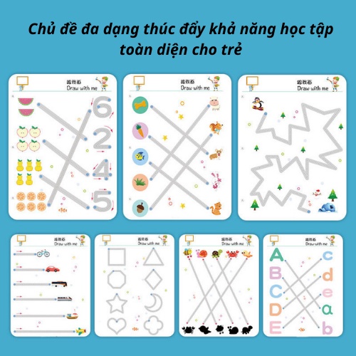 Đồ chơi giáo dục sớm Montessori thông minh cho bé. Sách tập viết, tập tô, nối điểm, nối số, luyện cầm bút, tái sử dụng