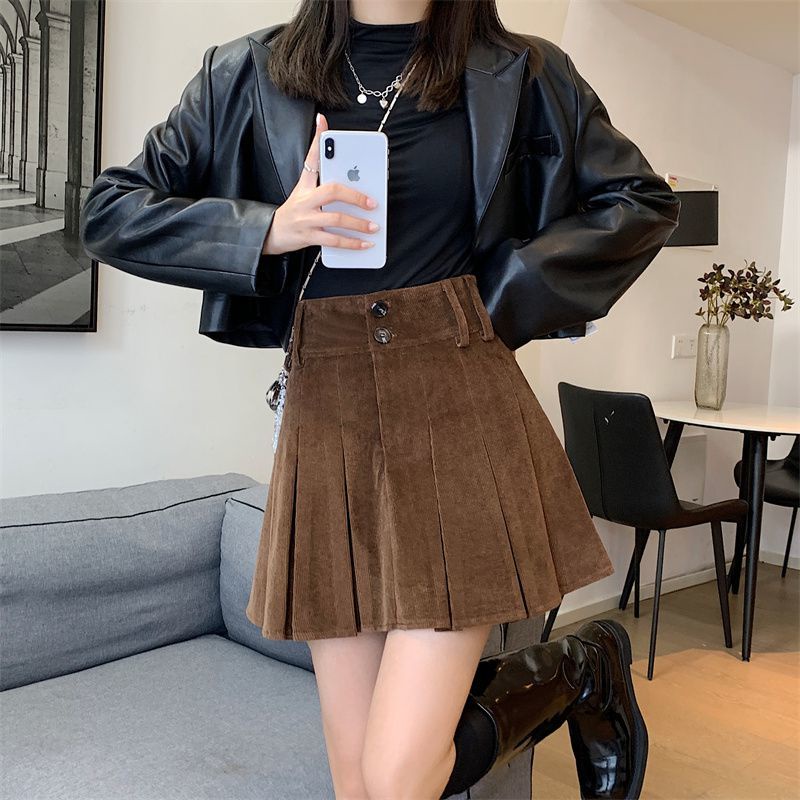 COZOK Chân váy nhung chữ A lưng cao xếp ly màu nâu thời trang cho nữ