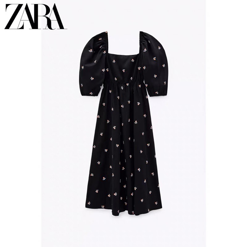 Đầm maxi Zara new best seller 2021 màu đen cổ vuông thêu hoa