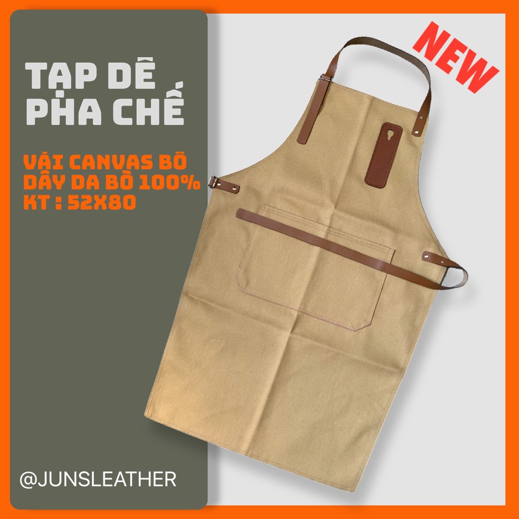 Tạp dề pha chế vải canvas dây da của Junsleather phối da bò cao cấp dành cho Barista/Bartender quán cà phê