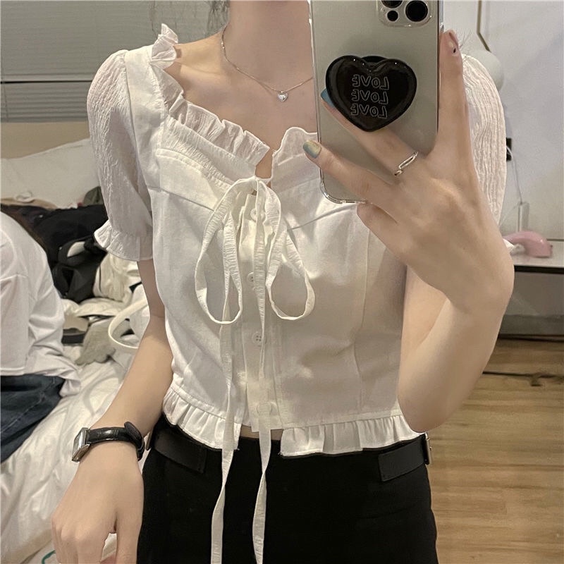 Áo Croptop nữ tay ngắn dáng ôm phối nhún phong cách Hàn Quốc mã QD0136
