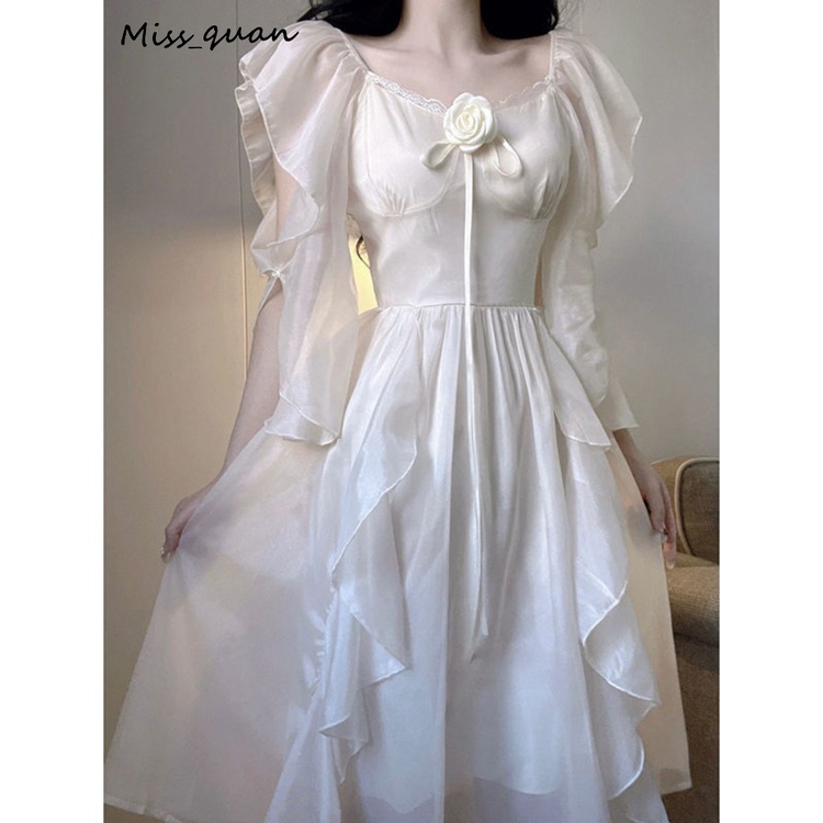 Đầm Chiffon Phối Bèo Màu Trắng Thời Trang Mùa Hè Cho Nữ