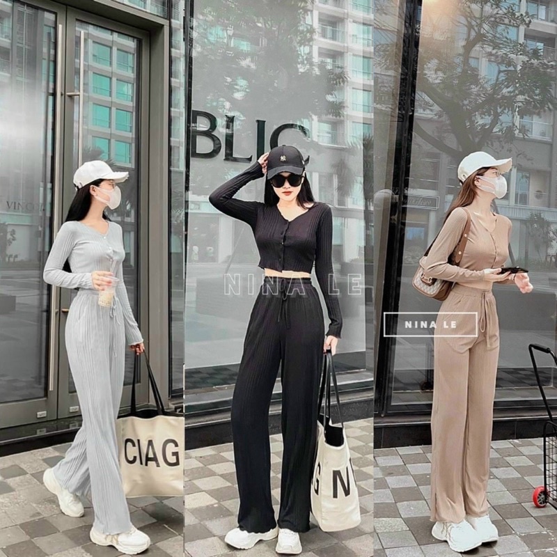 Set Bộ Gân Tăm Áo tay dài nút cài quần ống rộng 583