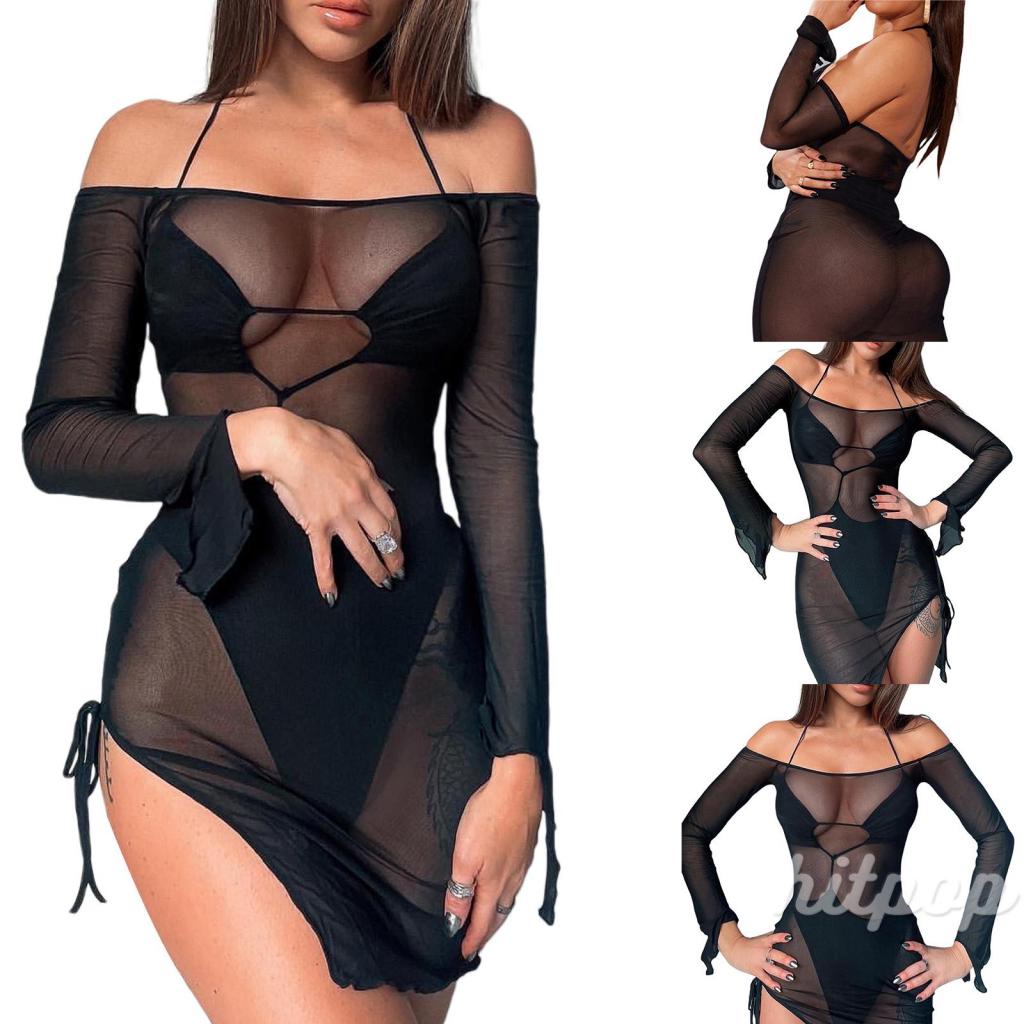 Hitpop-Women’s Casual Long Sleeve Dress Fashion Perspective Mesh Yarn Tie-up Slit Skinny Dress