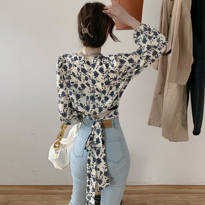 Women's Floral Print V Neck Sexy Lace Exposed Navel Long Sleeves Chiffon Shirts | BigBuy360 - bigbuy360.vn