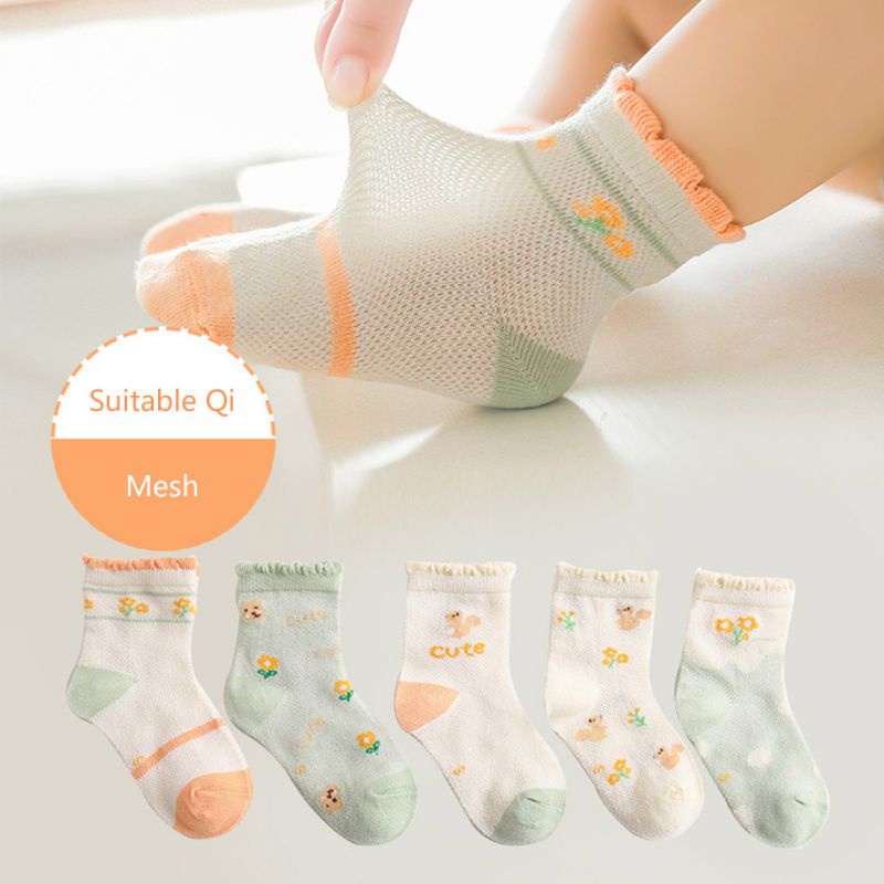 Bộ 5 Đôi Vớ Cotton Thoáng Khí Thoải Mái Họa Tiết Hoạt Hình Xinh Xắn Dành Cho Bé