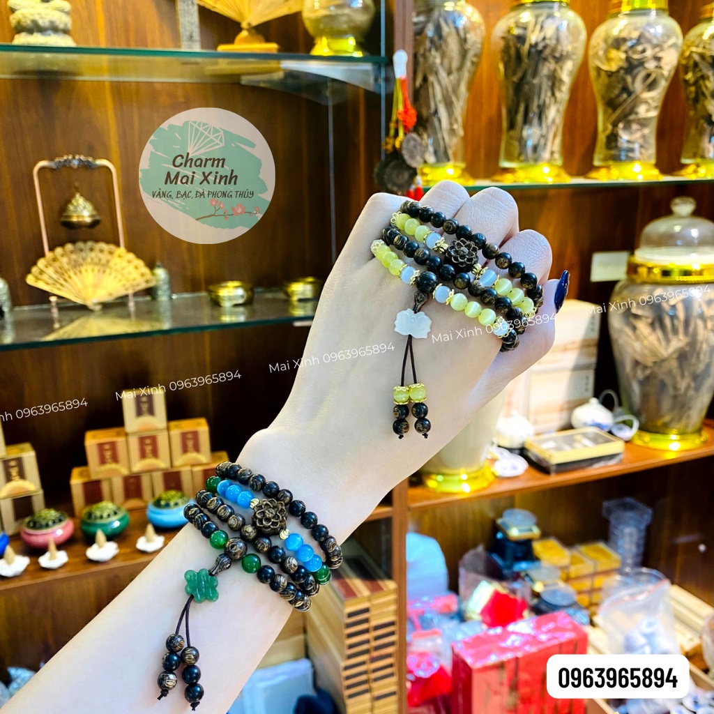 Chuỗi Trầm Hương Sánh chìm 96 hạt 6mm phối Hoa Sen Trầm và Ngoc bích - đá - Vòng Tay Hoa Gỗ tự nhiên Nam Nữ phong thuỷ