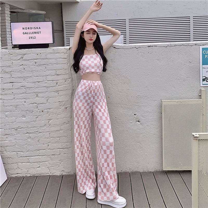 Áo ống và Quần dài ống rộng in sọc caro phong cách hè cho nữ (Có bán lẻ)