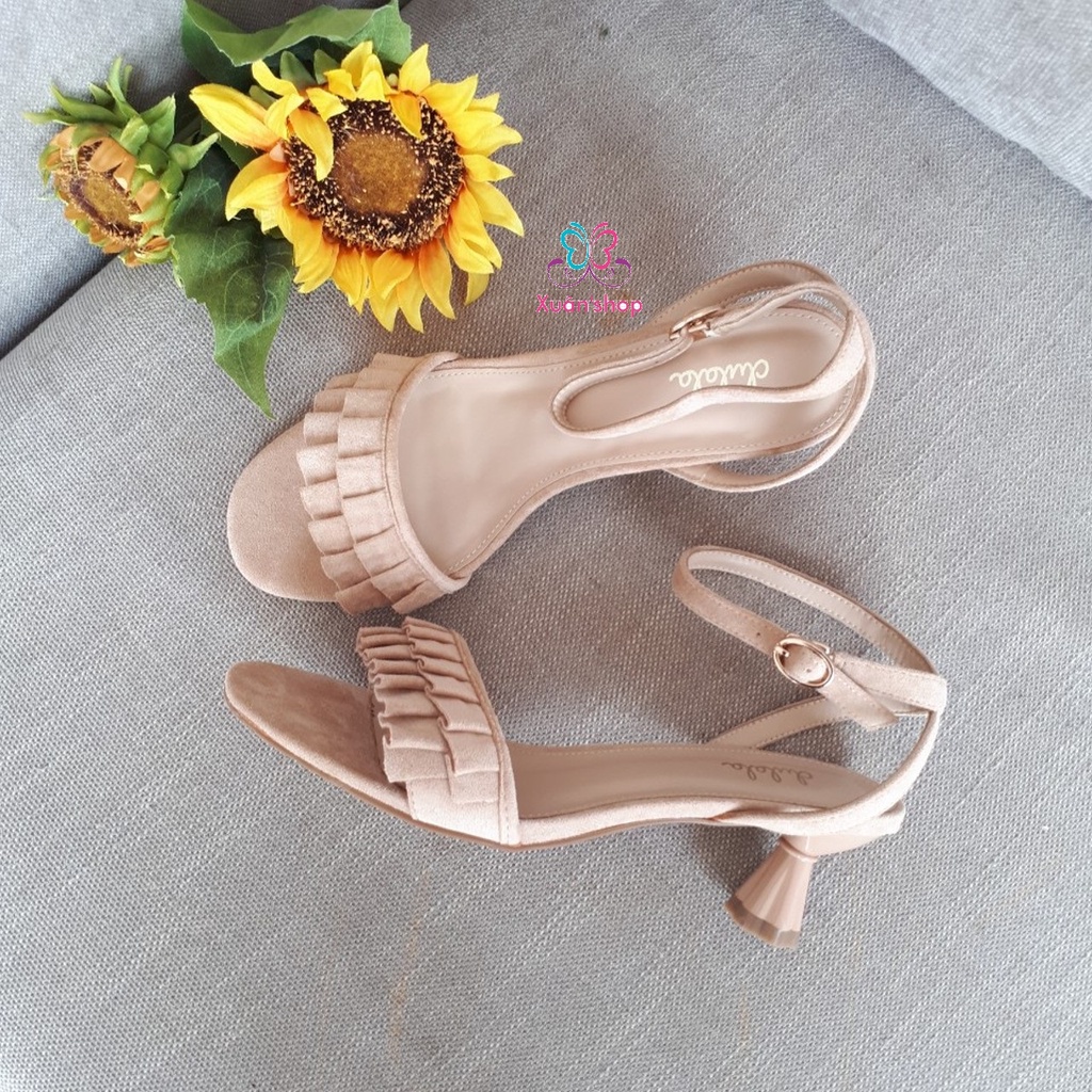 Giày sandal Daphne quai ngang viền bèo xinh xắn, gót cao 5.5cm (có sẵn)
