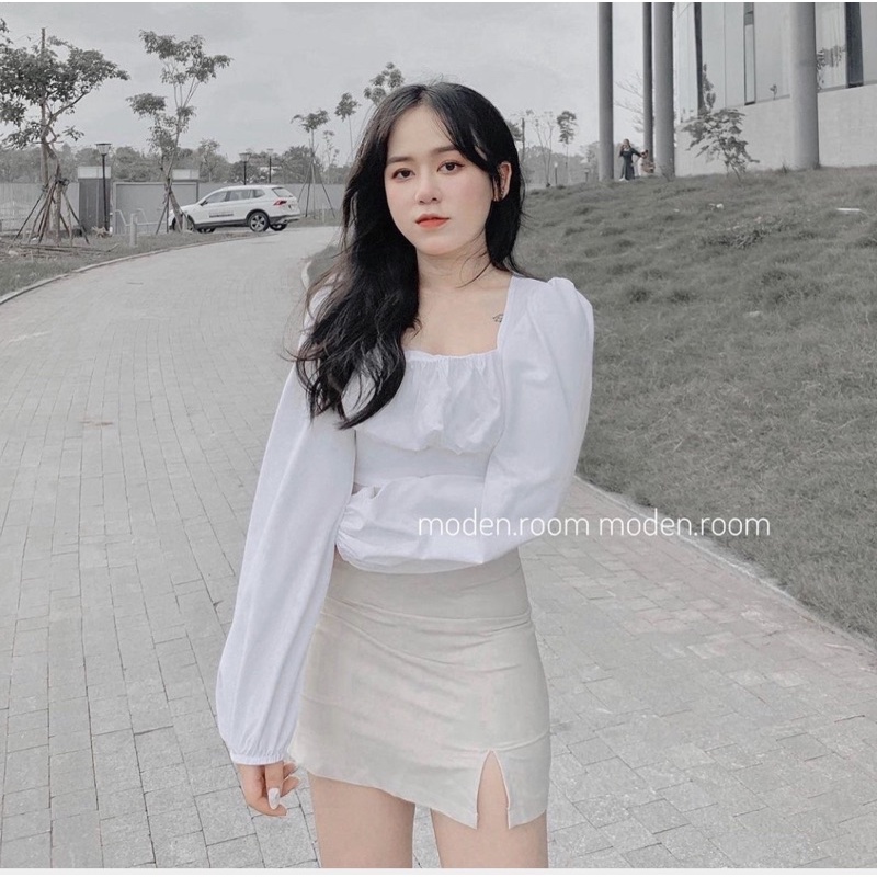 SET ÁO SƠ MI CỔ VUÔNG NƠ LƯNG VÀ CHÂN VÁY CHỮ A
