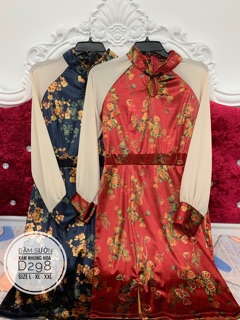Bigsize Đầm sườn xám nhung hoa D298
