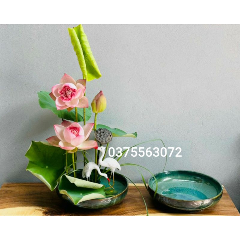 Ang cắm hoa nghệ thuật, bát thả hoa phi 30 men hỏa biến. Tặng đôi cò decor
