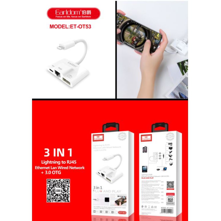 Jack chuyển lightining 3 in 1 Earldom OT53 bao gồm 1 cổng lightning 1 cổng RJ45 và 1 cổng USB 3.0