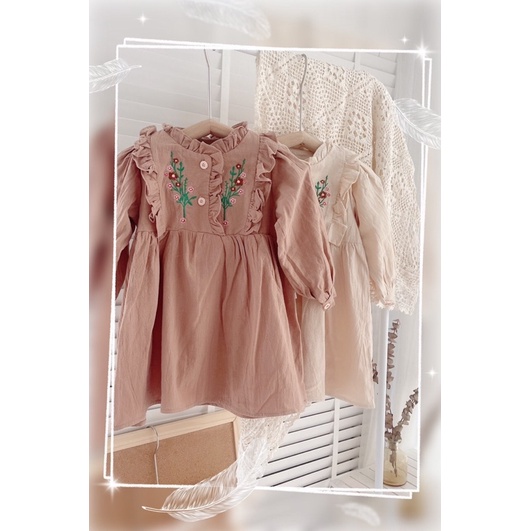 Váy thu dài tay vintage chất thô Hàn mềm cho bé 1-5 tuổi