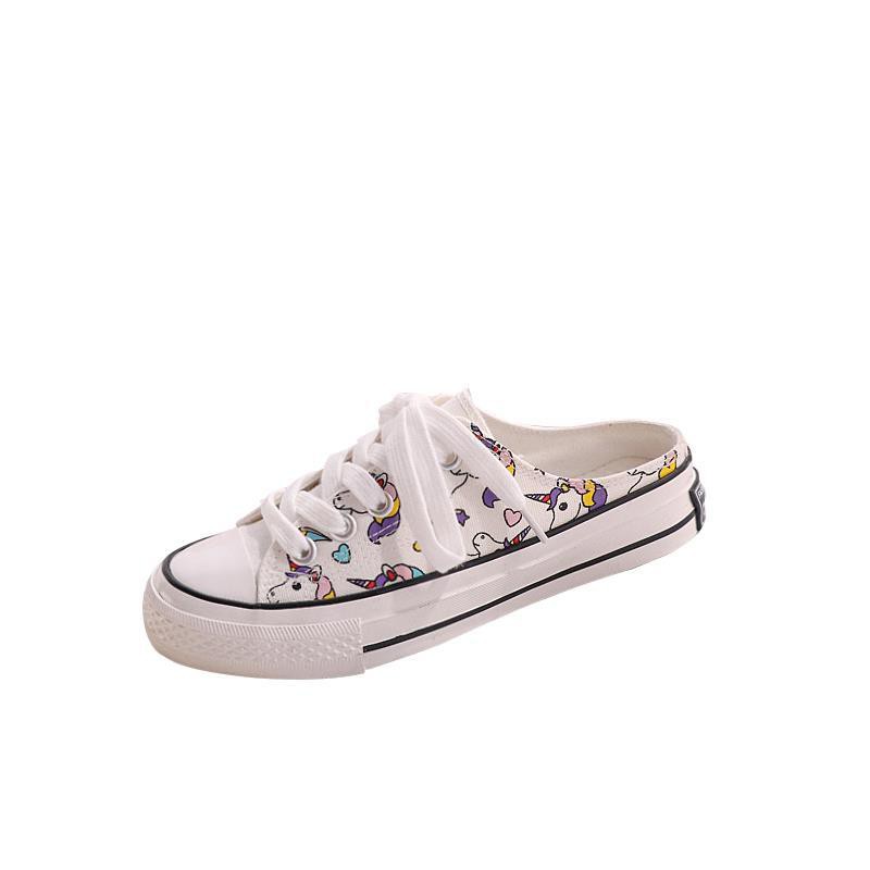 Giày bata trắng vải canvas in họa tiết kì lân màu sắc cầu vồng trẻ trung xinh xắn dành cho nữ | BigBuy360 - bigbuy360.vn