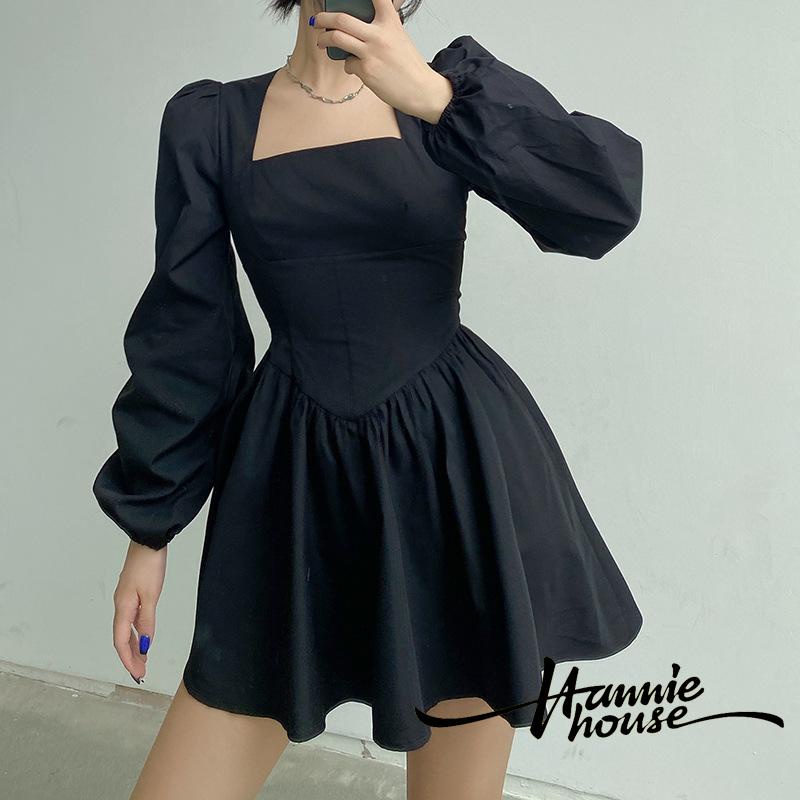 Đầm cổ vuông màu đen phong cách Pháp thời trang cho nữ