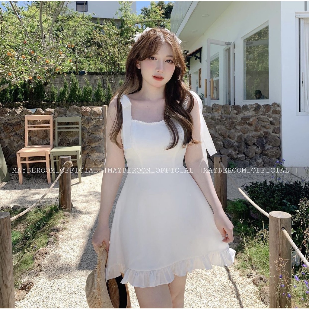 Váy hai dây bèo ngực, đầm thiết kế có đệm ngực buộc nơ vai cực xinh