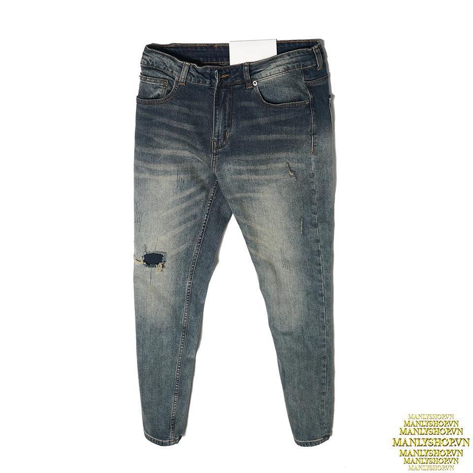 Quần jean nam chính hãng MANLY form slimfit màu xanh, Quần bò nam Greenish blue bụi bặm L703