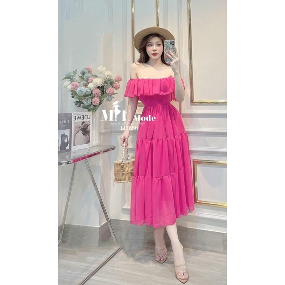 Đầm maxi trễ vai chất đũi dáng dài chun eo 3 tầng, váy đi biển đi du lịch dáng dài điệu đà