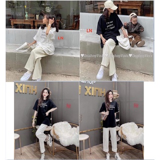 Set bộ nữ  mặc nhà,Set bộ nữ mặc đi chơi áo phông thun in chữ form thụng rộng kèm quần ống rộng