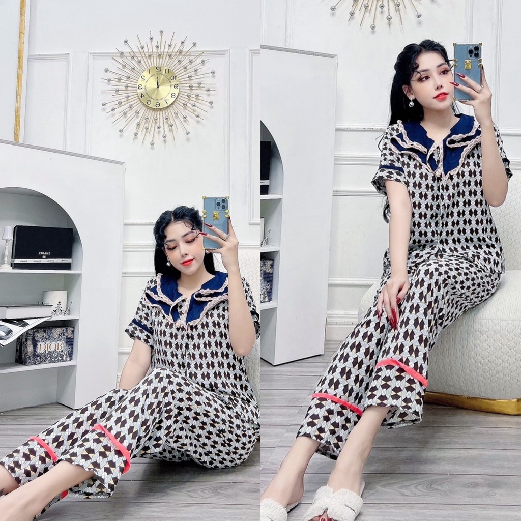 Đồ bộ pijama tay ngắn quần dài có túi vải mango họa tiết nhiều mẫu siêu xinh freesize dưới 58kg