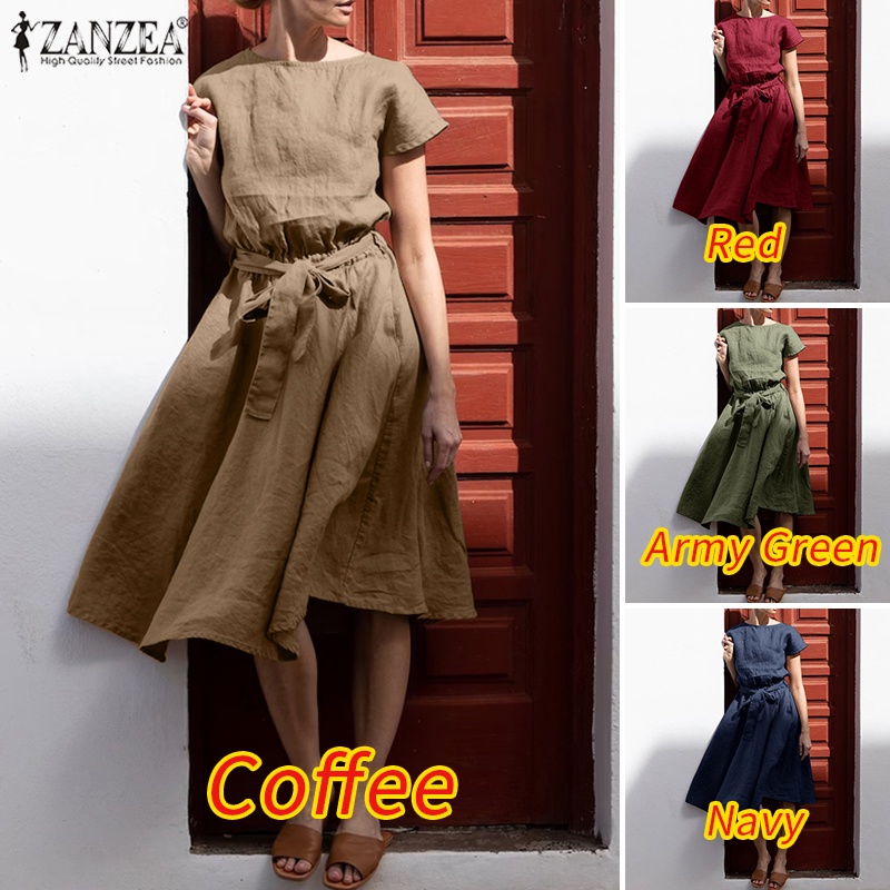 Đầm Chữ A Tay Ngắn Phối Thắt Lưng Phong Cách Châu Âu Thời Trang Cho Nữ ZANZEA