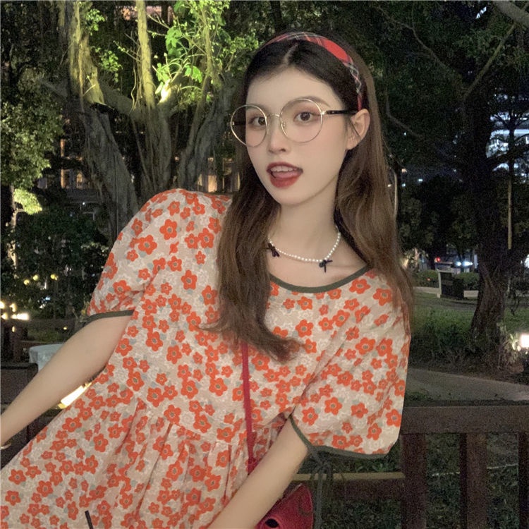 Đầm hoa cổ tròn tay phồng thắt dây phong cách cổ điển thời trang dành cho nữ