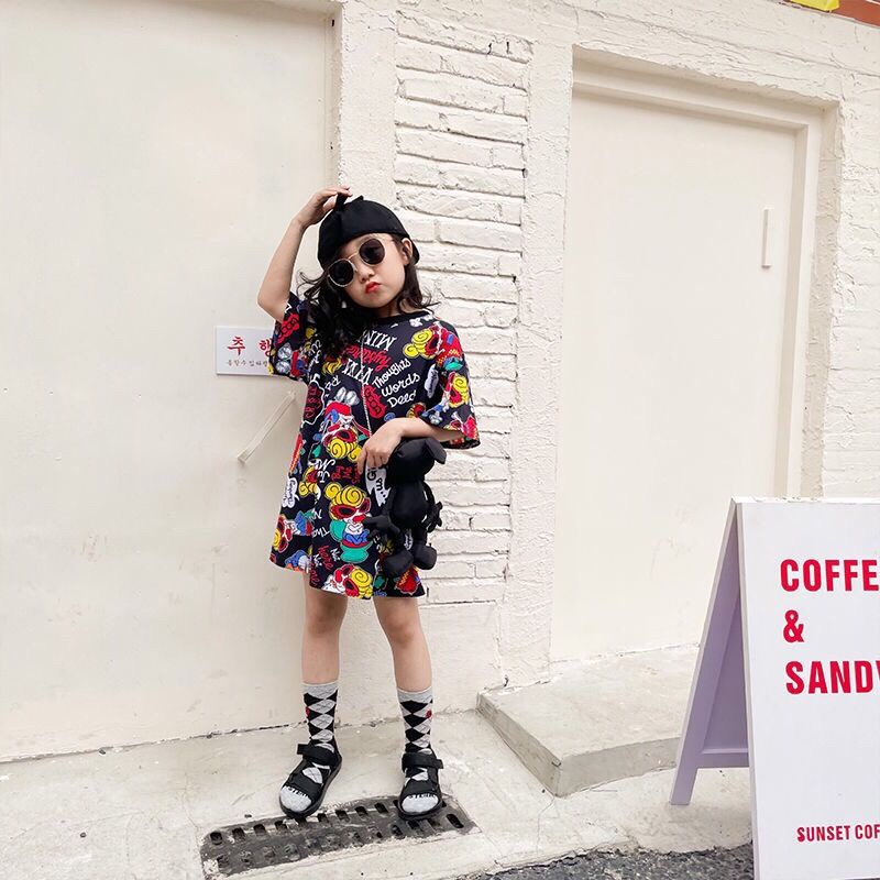 Đầm Thun Tay Ngắn Dáng Rộng In Họa Tiết Hoạt Hình Thời Trang Mùa Hè Cho Bé Gái