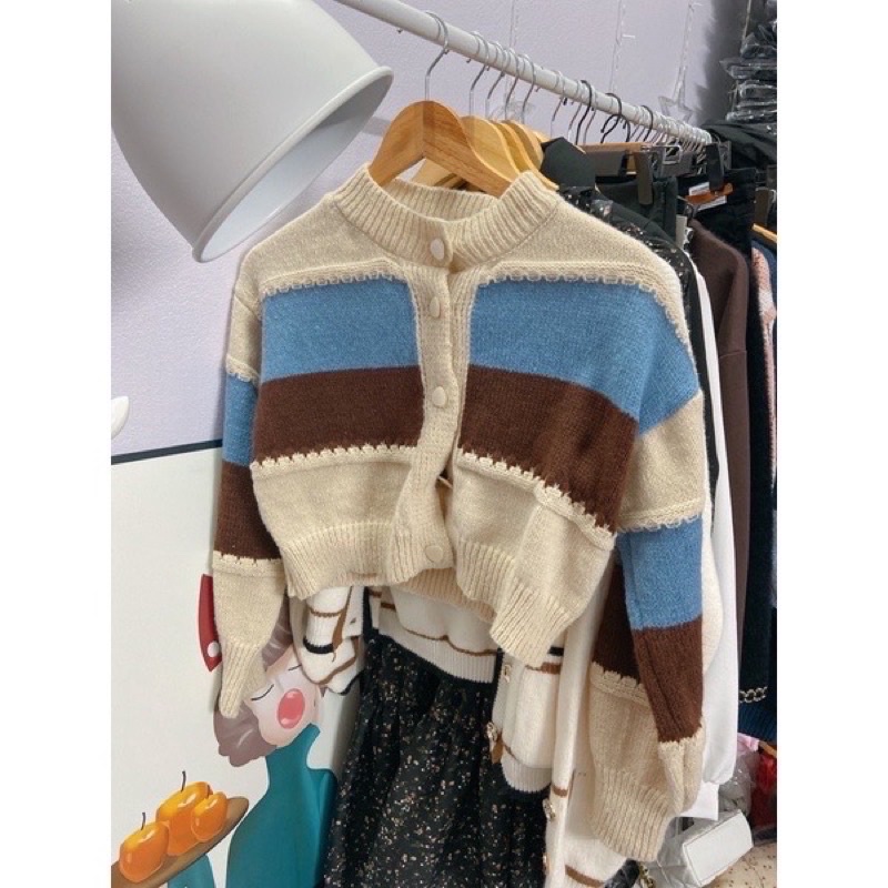 Áo cardigan len dáng ngắn phối màu vintage phong cách hàn quốc
