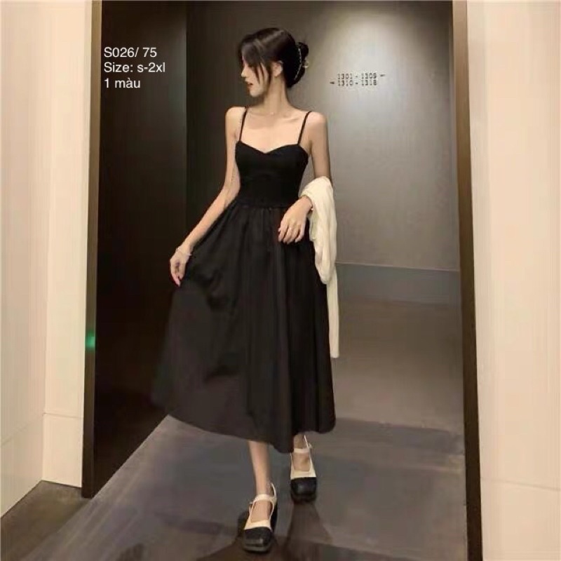 🍂 Set Cardigan len croptop dây buộc cổ + váy 2 dây đen dáng dài xoè nhẹ sang chảnh